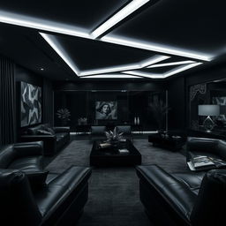 A modern and elegant living room, solely illuminated by cool white lights, emphasizing many right angles