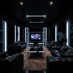 A modern and elegant living room, solely illuminated by cool white lights, emphasizing many right angles