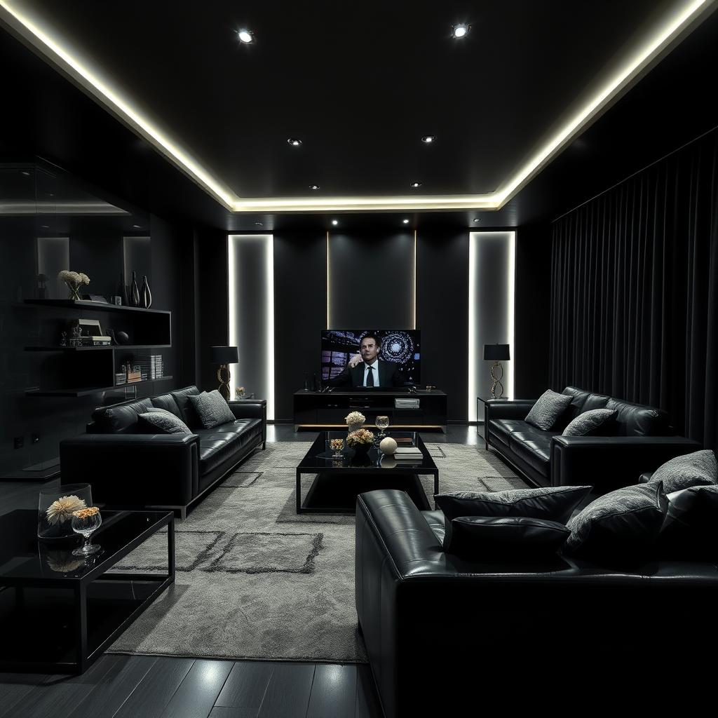 A modern and elegant living room exclusively illuminated by cool white lights, highlighting numerous right angles throughout