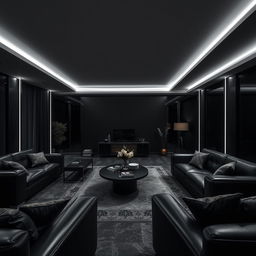 A modern and elegant living room exclusively illuminated by cool white lights, highlighting numerous right angles throughout