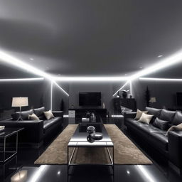 A modern and elegant living room exclusively illuminated by cool white lights, highlighting numerous right angles throughout