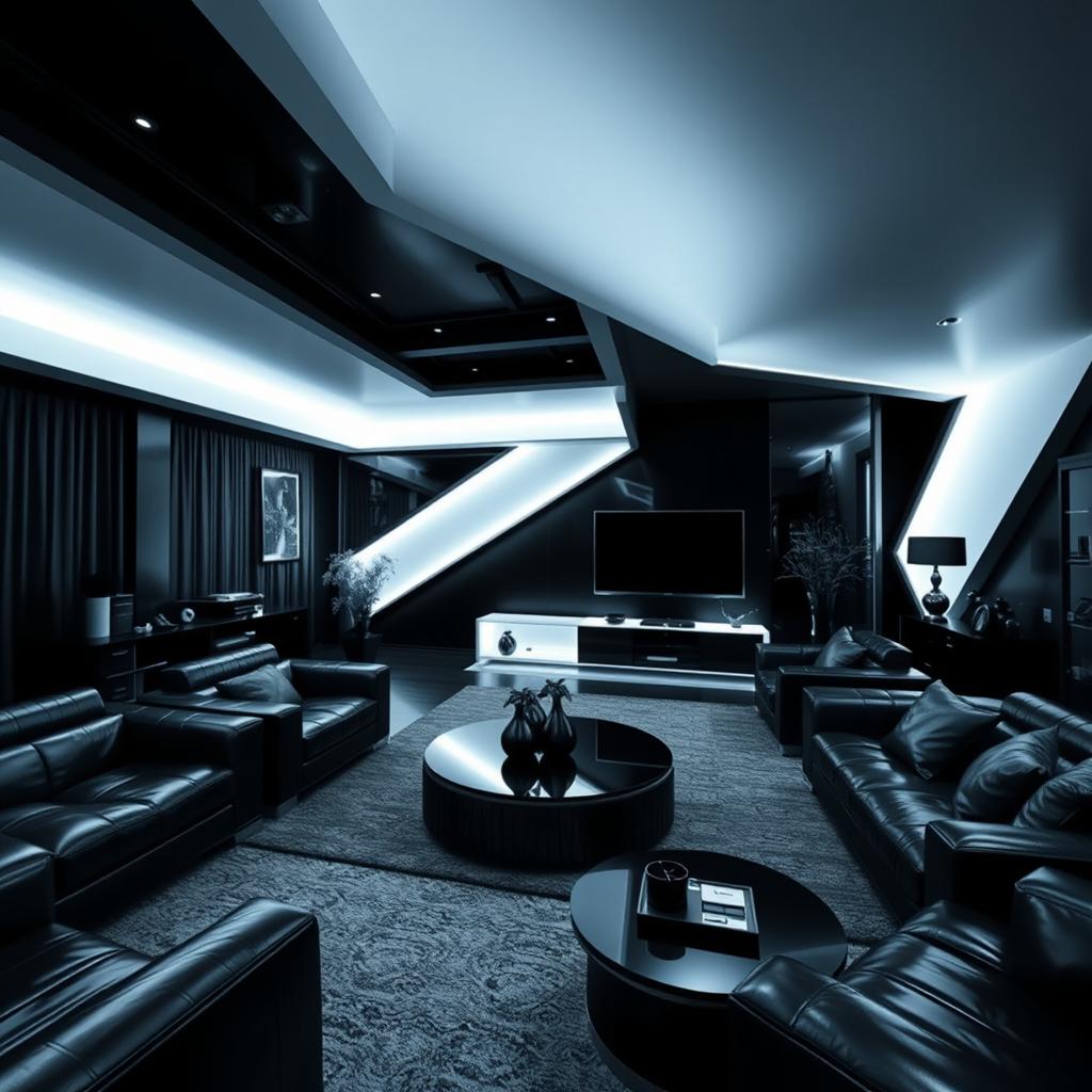 A modern and elegant living room, solely illuminated by cool white lights, emphasizing many right angles