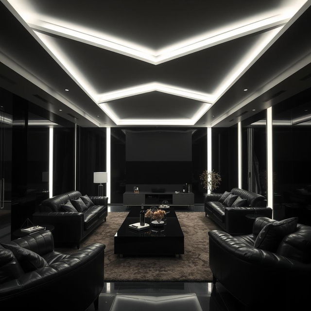 A modern and elegant living room, solely illuminated by cool white lights, emphasizing many right angles