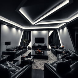 A modern and elegant living room, solely illuminated by cool white lights, emphasizing many right angles