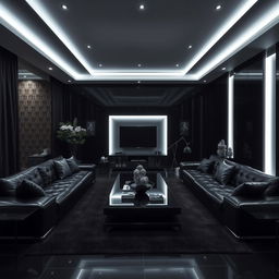 A modern and elegant living room, solely illuminated by cool white lights, emphasizing many right angles