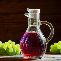 A glistening, viscous drizzle of grape syrup, its rich purple hue reflecting light, sitting in a crystal clear glass carafe on a rustic wooden table