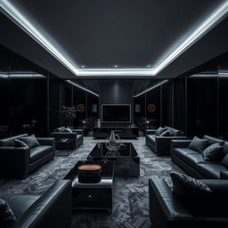 A modern and elegant living room, solely illuminated by cool white lights, emphasizing many right angles