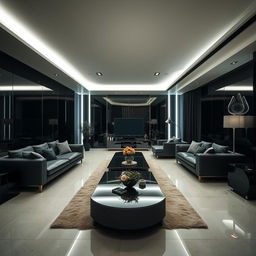 A modern and elegant living room, solely illuminated by cool white lights, emphasizing many right angles