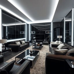 A modern and elegant living room, solely illuminated by cool white lights, emphasizing many right angles