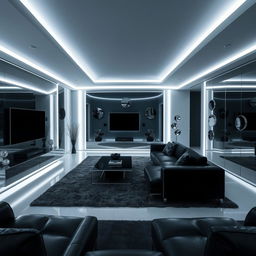 A modern and elegant living room, solely illuminated by cool white lights, emphasizing numerous right angles