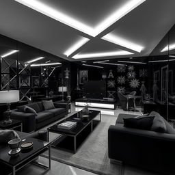 A modern and elegant living room, solely illuminated by cool white lights, emphasizing numerous right angles