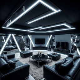 A modern and elegant living room, solely illuminated by cool white lights, emphasizing numerous right angles