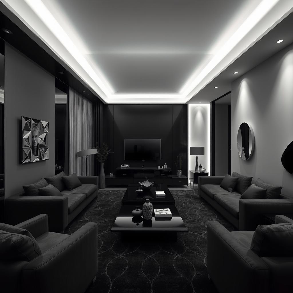 A modern and elegant living room, solely illuminated by cool white lights, with a strong emphasis on numerous right angles