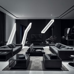 A modern and elegant living room, solely illuminated by cool white lights, with a strong emphasis on numerous right angles