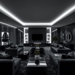 A modern and elegant living room, solely illuminated by cool white lights, with a strong emphasis on numerous right angles