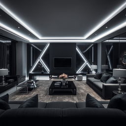 A modern and elegant living room, solely illuminated by cool white lights, with a strong emphasis on numerous right angles