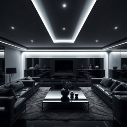 A modern and elegant living room, solely illuminated by cool white lights, with a focus on numerous right angles