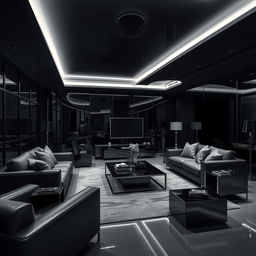 A modern and elegant living room, solely illuminated by cool white lights, with a focus on numerous right angles