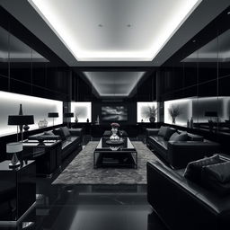 A modern and elegant living room, solely illuminated by cool white lights, with a focus on numerous right angles