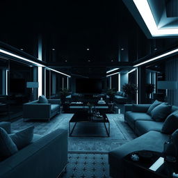 A modern and elegant living room, solely illuminated by cool white lights, with a focus on numerous right angles