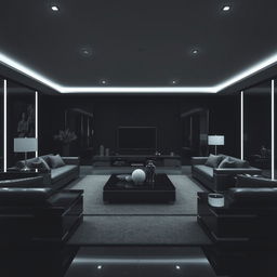 A modern and elegant living room, solely illuminated by cool white lights, emphasizing numerous right angles