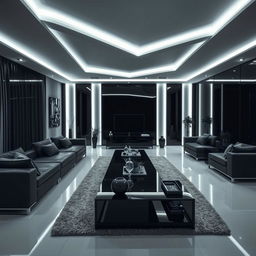 A modern and elegant living room, solely illuminated by cool white lights, emphasizing numerous right angles