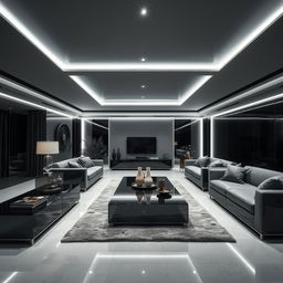 A modern and elegant living room, solely illuminated by cool white lights, emphasizing numerous right angles