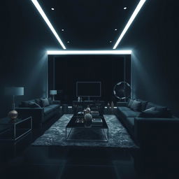 A modern and elegant living room, solely illuminated by cool white lights, emphasizing numerous right angles