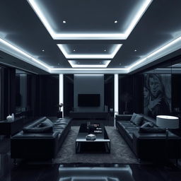 A modern and elegant living room, solely illuminated by cool white lights, highlighting numerous right angles throughout