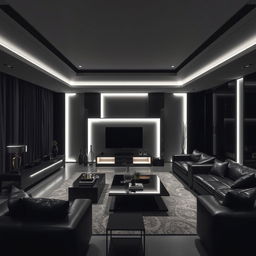 A modern and elegant living room, solely illuminated by cool white lights, highlighting numerous right angles throughout