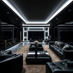 A modern and elegant living room, solely illuminated by cool white lights, highlighting numerous right angles throughout