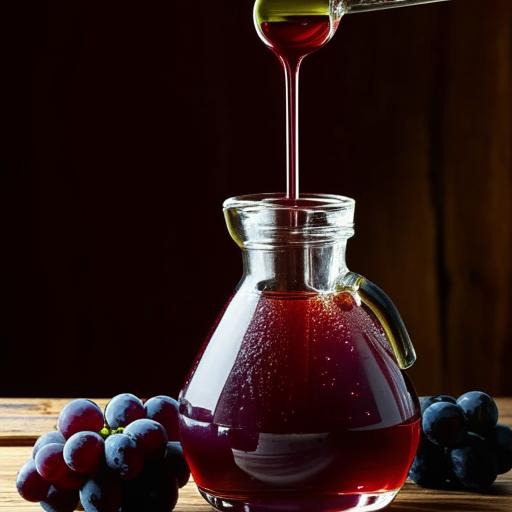 A glistening, viscous drizzle of grape syrup, its rich purple hue reflecting light, sitting in a crystal clear glass carafe on a rustic wooden table