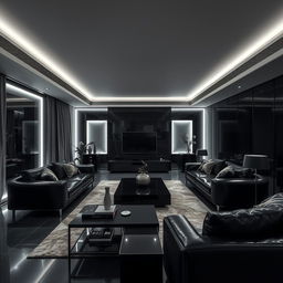 A modern and elegant living room, solely illuminated by cool white lights, highlighting numerous right angles throughout