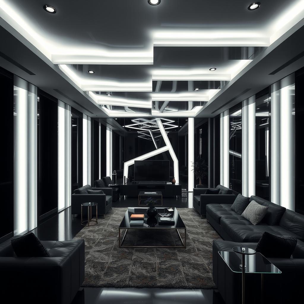 A modern and elegant living room, solely illuminated by cool white lights, emphasizing numerous mirrored right angles throughout