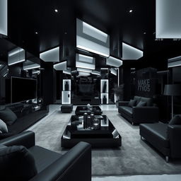 A modern and elegant living room, solely illuminated by cool white lights, emphasizing numerous mirrored right angles throughout