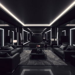 A modern and elegant living room, solely illuminated by cool white lights, emphasizing numerous mirrored right angles throughout