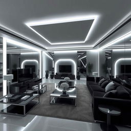 A modern and elegant living room, solely illuminated by cool white lights, highlighting numerous right angles with mirrored details throughout