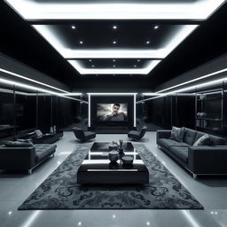 A modern and elegant living room, solely illuminated by cool white lights, highlighting numerous right angles with mirrored details throughout