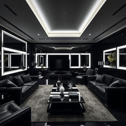 A modern and elegant living room, solely illuminated by cool white lights, highlighting numerous right angles with mirrored details throughout