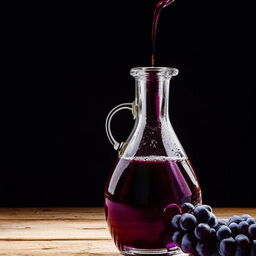 A glistening, viscous drizzle of grape syrup, its rich purple hue reflecting light, sitting in a crystal clear glass carafe on a rustic wooden table