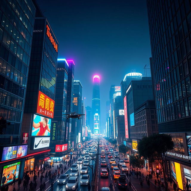 A futuristic cityscape at night, illuminated by vibrant neon lights