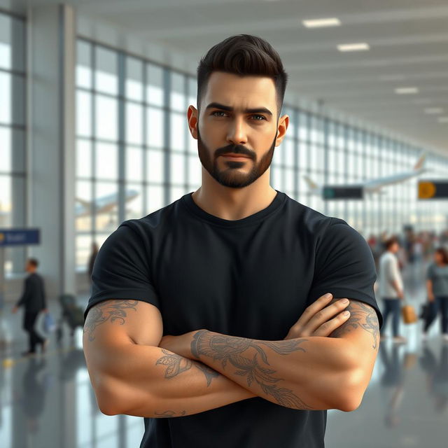 A realistic 3D render of a man with short dark hair, wearing a black t-shirt, with crossed arms