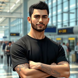 A realistic 3D render of a man with short dark hair, wearing a black t-shirt, with crossed arms