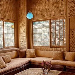 A cozy residential home interior, tastefully decorated in Yazd architectural style, demonstrating features such as adobe walls, windcatchers, and intricate geometric patterns