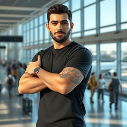 A realistic 3D render of a man with short dark hair, wearing a black t-shirt, with crossed arms