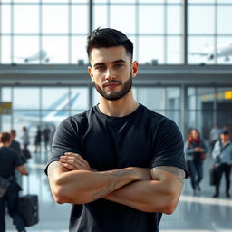 A realistic 3D render of a man with short dark hair, wearing a black t-shirt, with crossed arms
