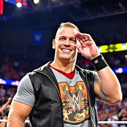 John Cena standing with a confident smile, dressed in his iconic wrestling attire, playfully gesturing with his hand to his eyes, as if saying "I can see you