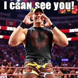 John Cena standing with a confident smile, dressed in his iconic wrestling attire, playfully gesturing with his hand to his eyes, as if saying "I can see you