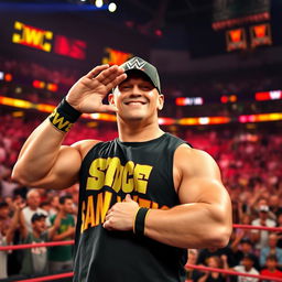 John Cena standing with a confident smile, dressed in his iconic wrestling attire, playfully gesturing with his hand to his eyes, as if saying "I can see you