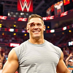 John Cena standing with a confident smile, dressed in his iconic wrestling attire, playfully gesturing with his hand to his eyes, as if saying "I can see you